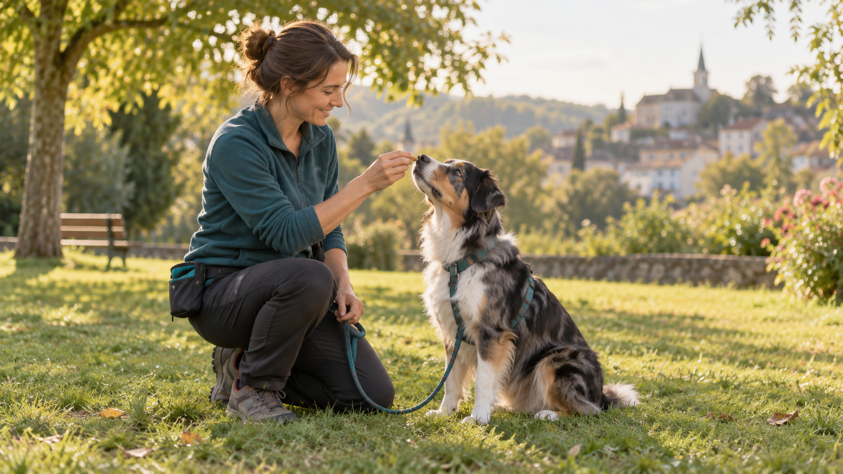 Une éducatrice apprend un exercice à un chien avec une récompense